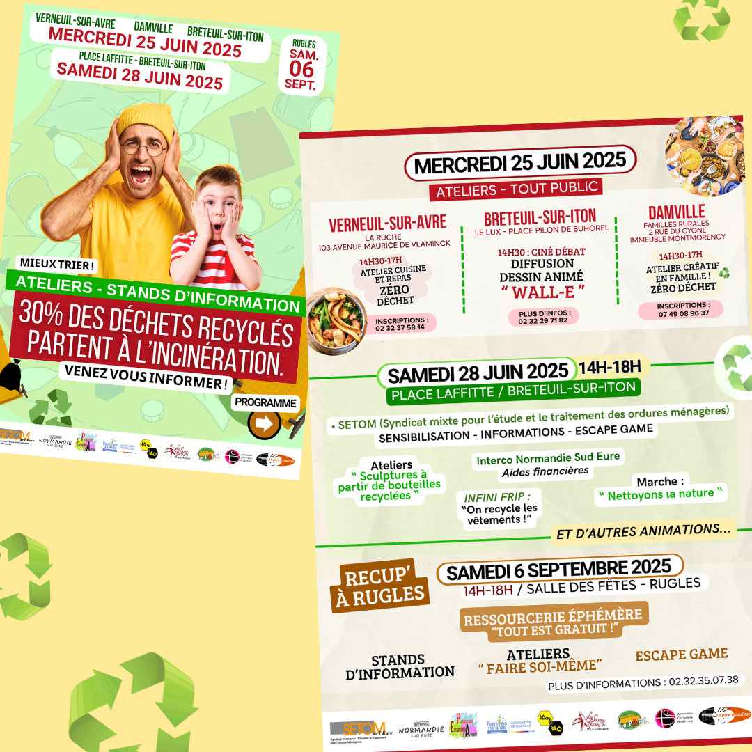 ATELIERS – STANDS D&rsquo;INFORMATION /  » 30% des déchets recyclés partent à l&rsquo;incinération  » : Programme des animations à Breteuil-sur-Iton, Verneuil-sur-Avre, Damville et Rugles
